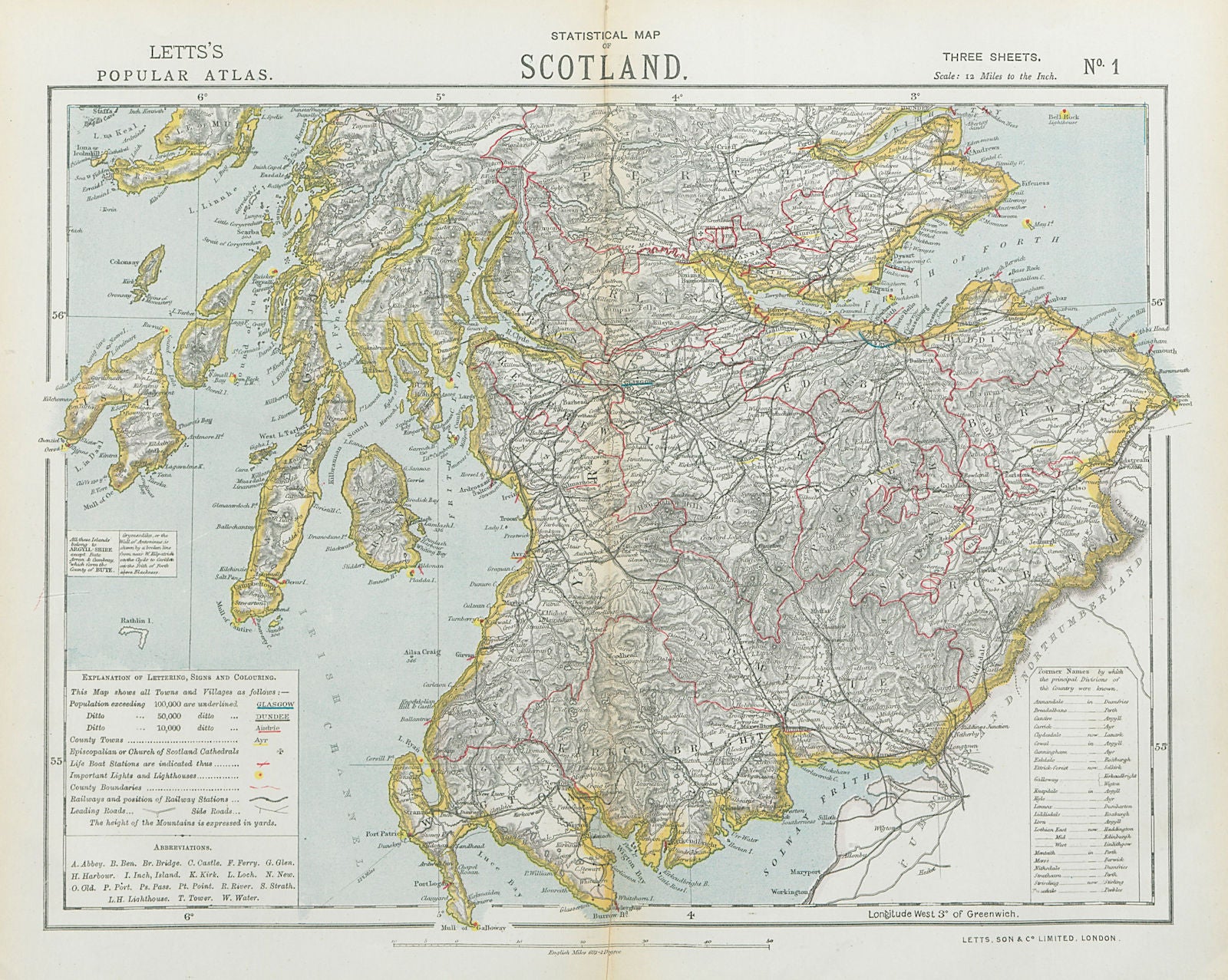 SCOTLAND SOUTH. Railways lighthouses lifeboat stations. LETTS 1883 old map